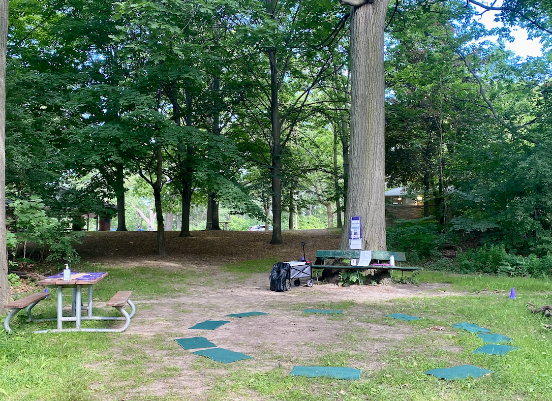 a picnic table in the middle of a wooded area