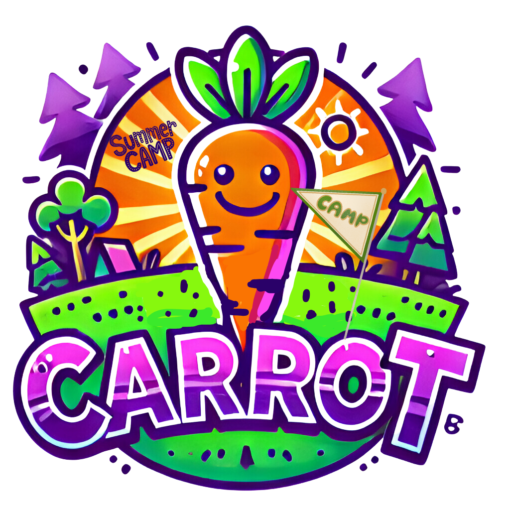 a vibrant and purple logo for Camp Carrot Summer by Purple Carrots Drama Studio. It features a carrot holding a flag that says CAMP in the centre, and the word CARROT is underneath it in purple. The background has trees and a tent that are green and purple.