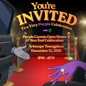 Red carpet scene with gold stanchions and velvet ropes leading up illuminated stairs, a limousine door open on the left, and a purple cartoon hand wearing a diamond ring reaching toward the carpet. Text reads "You're Invited to a Very Purple Celebration. Purple Carrots Open House & Year End Celebration. December 12, 2026, 1PM–4PM, Artscape Toronto."